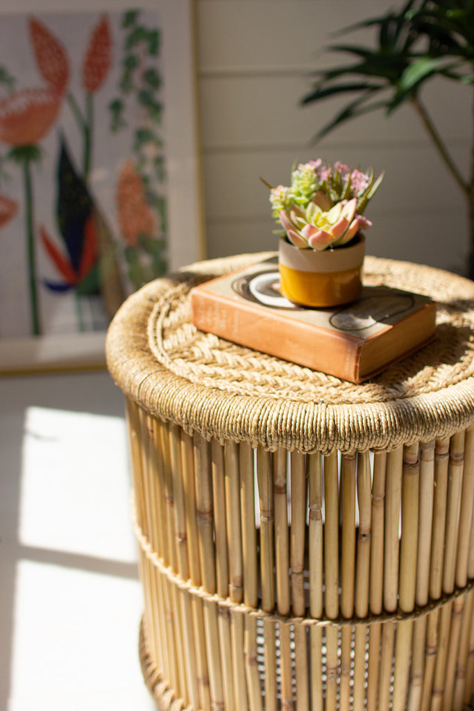 Round Bamboo Stool With Natural Rope Top - Hearts Attic 